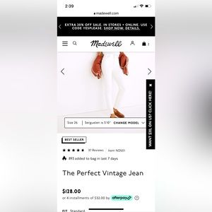 Madewell Perfect Vintage tile white jeans. Size 26. New with tags.